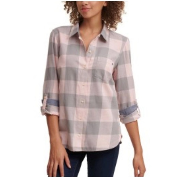 NWT Tommy Hilfiger Heritage Pink/Gray Plaid Button Up - Picture 2 of 5
